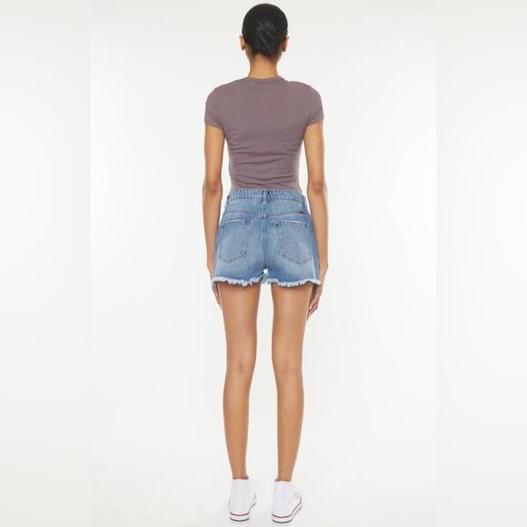 KanCan High Rise Medium Wash Frayed Distressed Shorts Light Wash Size 11/29 - Picture 5 of 13